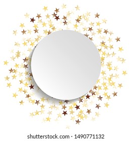 Round Frame of Big Star Confetti. Wreath with Empty White Form. Golden New Year Background. colorful Decoration for Holiday Banner Print Poster. Isolated NewYear Background. Vector.