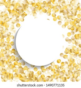 Round Frame of Big Star Confetti. Wreath with Empty White Form. Golden Party Background. colorful Decoration for Holiday Print Poster Wallpaper. Isolated Party Background. Vector.
