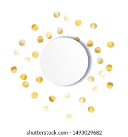 Round Frame of Big Star Confetti. Wreath with Empty White Form. Golden Christmas Background. Festive Decoration for Holiday Print Invitation Card. Isolated Christmas Background. Vector.