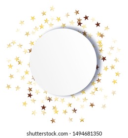 Round Frame of Big Star Confetti. Wreath with Empty White Form. Golden Christmas Pattern. Festive Decoration for Holiday Card Invitation Wallpaper. Isolated Christmas Pattern. Vector.