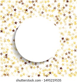 Round Frame of Big Star Confetti. Wreath with Empty White Form. Golden Party Background. Trendy Decoration for Holiday Banner Cover Card. Isolated Party Background. Vector.