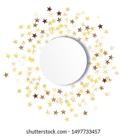 Round Frame of Big Star Confetti. Wreath with Empty White Form. Golden New Year Background. Bright Decoration for Holiday Invitation Print Banner. Isolated NewYear Background. Vector.