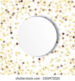 Round Frame of Big Star Confetti. Wreath with Empty White Form. Golden New Year Pattern. Bright Decoration for Holiday Cover Invitation Banner. Isolated New Year Pattern. Vector.