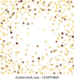 Round Frame of Big Star Confetti. Wreath. Golden Christmas Pattern. Trendy Decoration for Holiday Cover Wallpaper Banner. Realistic Glitter. Isolated Christmas Pattern. Vector.