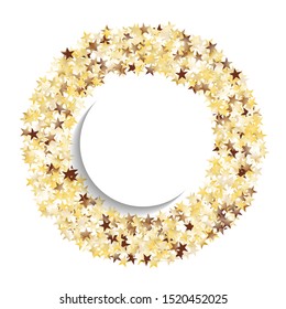 Round Frame of Big Star Confetti. Wreath with Empty White Form. Golden New Year Pattern. colorful Decoration for Holiday Invitation Cover Poster. Isolated New Year Pattern. Vector.