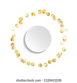 Round Frame of Big Star Confetti. Wreath with Empty White Form. Golden New Year Background. Festive Decoration for Holiday Cover Card Invitation. Isolated NewYear Background. Vector.