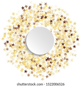 Round Frame of Big Star Confetti. Wreath with Empty White Form. Golden Party Pattern. Festive Decoration for Holiday Invitation Poster Wallpaper. Isolated Party Pattern. Vector.