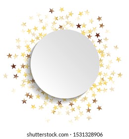 Round Frame of Big Star Confetti. Wreath with Empty White Form. Golden New Year Background. Bright Decoration for Holiday Banner Poster Print. Isolated NewYear Background. Vector.