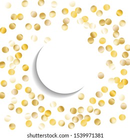 Round Frame of Big Star Confetti. Wreath with Empty White Form. Golden New Year Background. Bright Decoration for Holiday Card Banner Cover. Isolated NewYear Background. Vector.