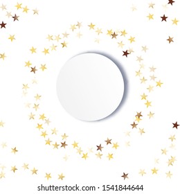 Round Frame of Big Star Confetti. Wreath with Empty White Form. Golden Party Background. colorful Decoration for Holiday Wallpaper Banner Cover. Isolated Party Background. Vector.