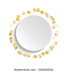 Round Frame of Big Star Confetti. Wreath with Empty White Form. Golden Christmas Background. colorful Decoration for Holiday Banner Poster Print. Isolated Christmas Background. Vector.
