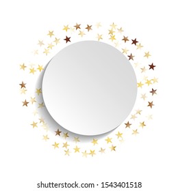 Round Frame of Big Star Confetti. Wreath with Empty White Form. Golden New Year Background. Bright Decoration for Holiday Card Invitation Wallpaper. Isolated NewYear Background. Vector.