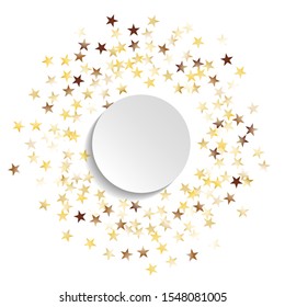 Round Frame of Big Star Confetti. Wreath with Empty White Form. Golden Party Background. colorful Decoration for Holiday Banner Print Poster. Isolated Party Background. Vector.