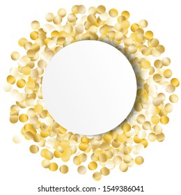 Round Frame of Big Star Confetti. Wreath with Empty White Form. Golden New Year Background. Bright Decoration for Holiday Poster Card Banner. Isolated NewYear Background. Vector.