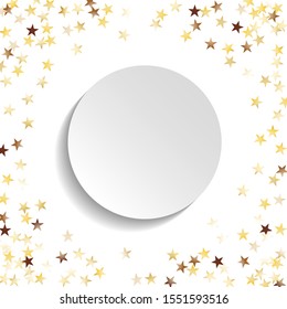 Round Frame of Big Star Confetti. Wreath with Empty White Form. Golden New Year Pattern. Festive Decoration for Holiday Cover Invitation Card. Isolated New Year Pattern. Vector.