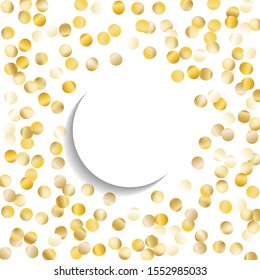 Round Frame of Big Star Confetti. Wreath with Empty White Form. Golden Christmas Pattern. Trendy Decoration for Holiday Print Wallpaper Banner. Isolated Christmas Pattern. Vector.