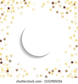 Round Frame of Big Star Confetti. Wreath with Empty White Form. Golden Christmas Pattern. colorful Decoration for Holiday Wallpaper Card Cover. Isolated Christmas Pattern. Vector.