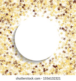 Round Frame of Big Star Confetti. Wreath with Empty White Form. Golden New Year Background. Trendy Decoration for Holiday Wallpaper Cover Print. Isolated NewYear Background. Vector.