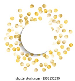 Round Frame of Big Star Confetti. Wreath with Empty White Form. Golden New Year Background. Festive Decoration for Holiday Banner Card Invitation. Isolated NewYear Background. Vector.