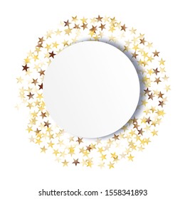 Round Frame of Big Star Confetti. Wreath with Empty White Form. Golden Party Pattern. Festive Decoration for Holiday Print Card Poster. Isolated Party Pattern. Vector.