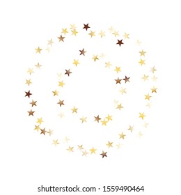 Round Frame of Big Star Confetti. Wreath. Golden Christmas Background. Bright Decoration for Holiday Banner Wallpaper Print. Realistic Glitter. Isolated Christmas Background. Vector.
