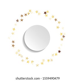 Round Frame of Big Star Confetti. Wreath with Empty White Form. Golden Christmas Pattern. Bright Decoration for Holiday Wallpaper Card Banner. Isolated Christmas Pattern. Vector.