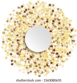 Cadre rond de Big Star Confetti. Wreath avec un blanc vide. Arrière-Plan Nouvel An Doré. Affiche de la décoration tendance pour la couverture de vacances. Arrière-Plan Nouvel An Isolé. Image vectorielle.