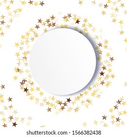 Round Frame of Big Star Confetti. Wreath with Empty White Form. Golden New Year Pattern. Festive Decoration for Holiday Poster Cover Banner. Isolated New Year Pattern. Vector.