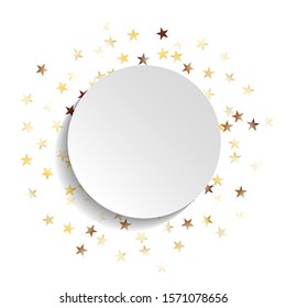 Round Frame of Big Star Confetti. Wreath with Empty White Form. Golden Party Pattern. Bright Decoration for Holiday Invitation Banner Cover. Isolated Party Pattern. Vector.