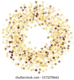 Round Frame of Big Star Confetti. Wreath. Golden New Year Background. colorful Decoration for Holiday Wallpaper Cover Poster. Realistic Glitter. Isolated NewYear Background. Vector.