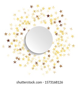 Round Frame of Big Star Confetti. Wreath with Empty White Form. Golden New Year Background. Bright Decoration for Holiday Wallpaper Print Invitation. Isolated NewYear Background. Vector.