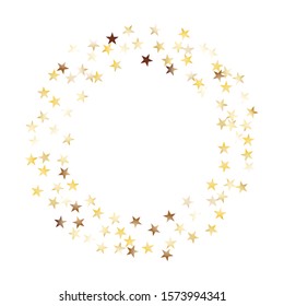 Round Frame of Big Star Confetti. Wreath. Golden New Year Pattern. Festive Decoration for Holiday Cover Card Poster. Realistic Glitter. Isolated New Year Pattern. Vector.