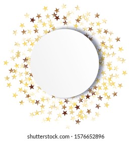 Round Frame of Big Star Confetti. Wreath with Empty White Form. Golden Party Background. colorful Decoration for Holiday Invitation Card Wallpaper. Isolated Party Background. Vector.
