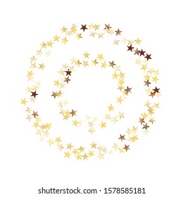 Round Frame of Big Star Confetti. Wreath. Golden Christmas Pattern. Trendy Decoration for Holiday Cover Print Banner. Realistic Glitter. Isolated Christmas Pattern. Vector.