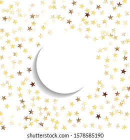 Round Frame of Big Star Confetti. Wreath with Empty White Form. Golden Christmas Pattern. colorful Decoration for Holiday Banner Cover Print. Isolated Christmas Pattern. Vector.