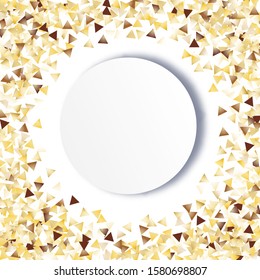 Round Frame of Big Star Confetti. Wreath with Empty White Form. Golden New Year Background. Trendy Decoration for Holiday Banner Invitation Print. Isolated NewYear Background. Vector.