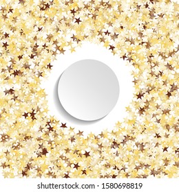 Round Frame of Big Star Confetti. Wreath with Empty White Form. Golden Party Pattern. Festive Decoration for Holiday Print Wallpaper Cover. Isolated Party Pattern. Vector.