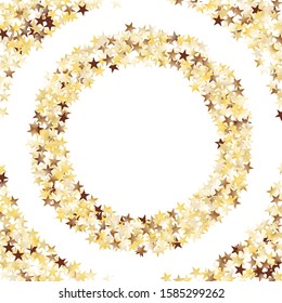 Round Frame of Big Star Confetti. Wreath. Golden Party Pattern. Trendy Decoration for Holiday Poster Wallpaper Banner. Realistic Glitter. Isolated Party Pattern. Vector.