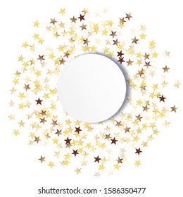 Round Frame of Big Star Confetti. Wreath with Empty White Form. Golden Christmas Pattern. Trendy Decoration for Holiday Card Invitation Poster. Isolated Christmas Pattern. Vector.