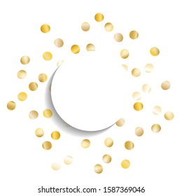 Round Frame of Big Star Confetti. Wreath with Empty White Form. Golden Christmas Background. Festive Decoration for Holiday Banner Card Poster. Isolated Christmas Background. Vector.