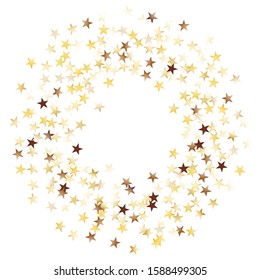 Round Frame of Big Star Confetti. Wreath. Golden New Year Background. Bright Decoration for Holiday Cover Poster Print. Realistic Glitter. Isolated NewYear Background. Vector.
