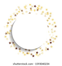 Round Frame of Big Star Confetti. Wreath with Empty White Form. Golden Party Background. Bright Decoration for Holiday Banner Invitation Cover. Isolated Party Background. Vector.