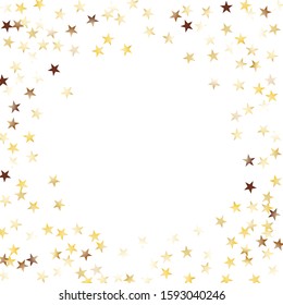 Round Frame of Big Star Confetti. Wreath. Golden Party Background. Bright Decoration for Holiday Banner Card Wallpaper. Realistic Glitter. Isolated Party Background. Vector.