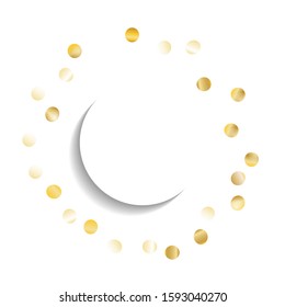 Round Frame of Big Star Confetti. Wreath with Empty White Form. Golden New Year Pattern. Festive Decoration for Holiday Banner Invitation Poster. Isolated New Year Pattern. Vector.