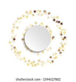 Round Frame of Big Star Confetti. Wreath with Empty White Form. Golden Party Background. Trendy Decoration for Holiday Poster Banner Card. Isolated Party Background. Vector.