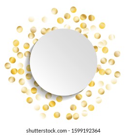 Round Frame of Big Star Confetti. Wreath with Empty White Form. Golden Christmas Pattern. Trendy Decoration for Holiday Invitation Card Poster. Isolated Christmas Pattern. Vector.