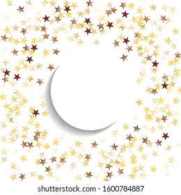 Round Frame of Big Star Confetti. Wreath with Empty White Form. Golden Party Pattern. Trendy Decoration for Holiday Wallpaper Print Cover. Isolated Party Pattern. Vector.