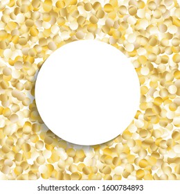 Round Frame of Big Star Confetti. Wreath with Empty White Form. Golden Christmas Background. colorful Decoration for Holiday Print Cover Card. Isolated Christmas Background. Vector.