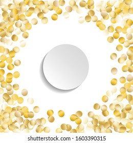 Round Frame of Big Star Confetti. Wreath with Empty White Form. Golden New Year Background. Festive Decoration for Holiday Banner Invitation Poster. Isolated NewYear Background. Vector.