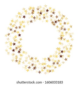 Round Frame of Big Star Confetti. Wreath. Golden Party Pattern. colorful Decoration for Holiday Poster Card Print. Realistic Glitter. Isolated Party Pattern. Vector.